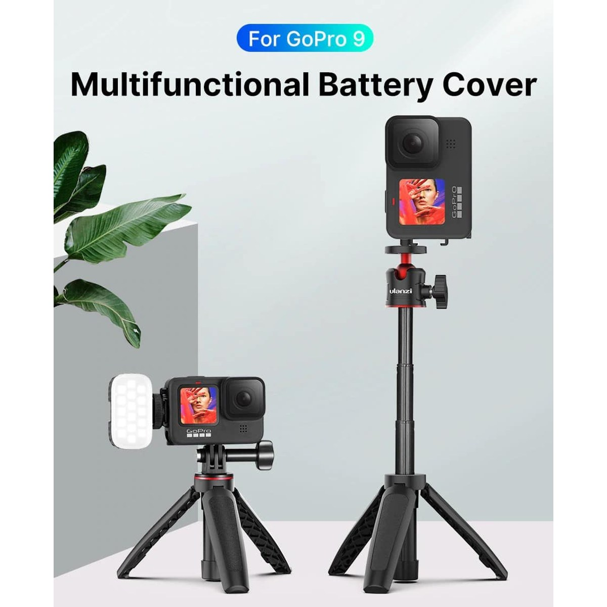 Twee GoPro 9 camera's op minitripods tegen een grijze achtergrond met plantenbladeren.
