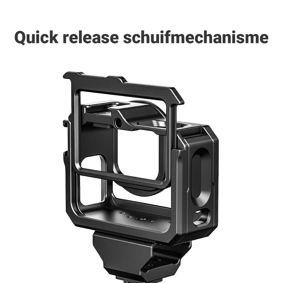 Zwarte metalen camerabegrenzing met quick-release schuifmechanisme.