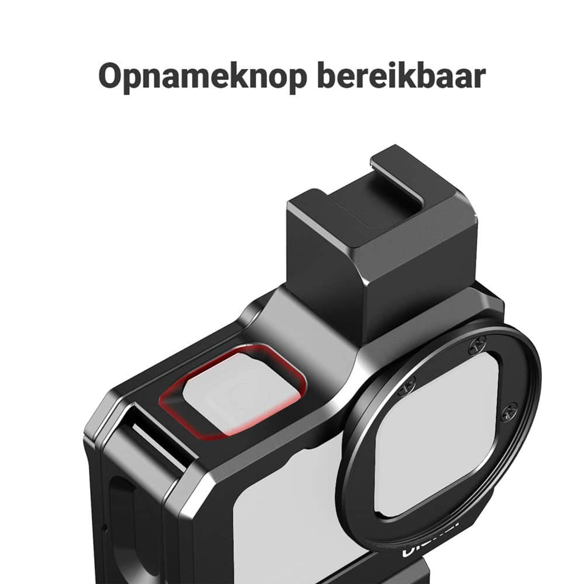 Close-up van een zwarte camerakooi met een rode knop en de tekst 'Opnameknop bereikbaar'.