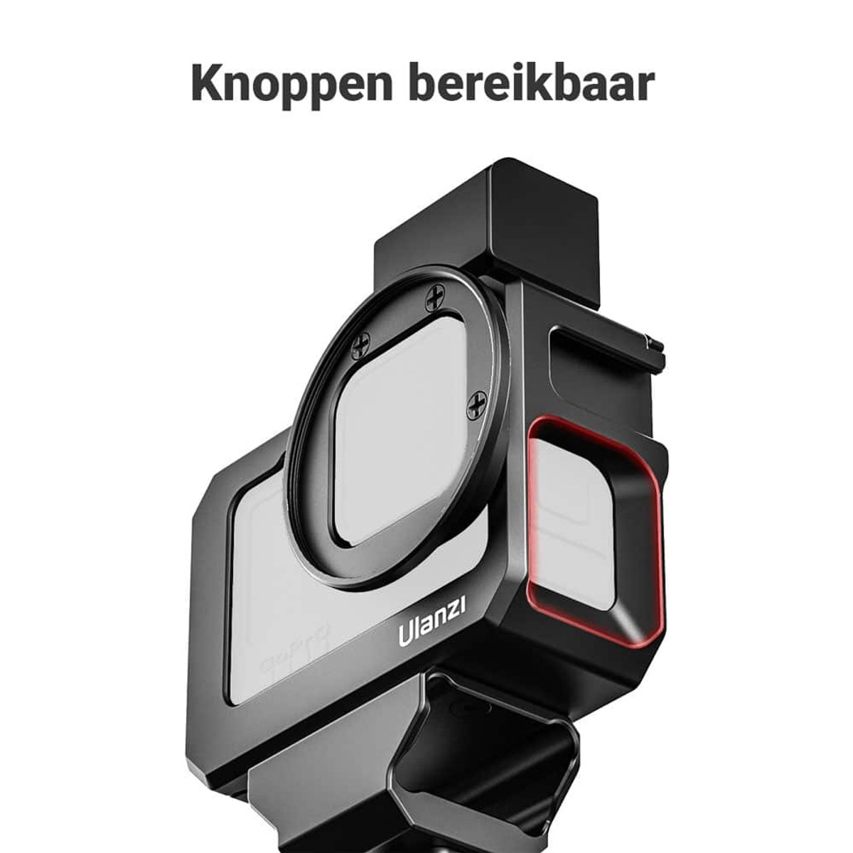 Zwarte Ulanzi camerakooi met goed bereikbare knoppen en lens.