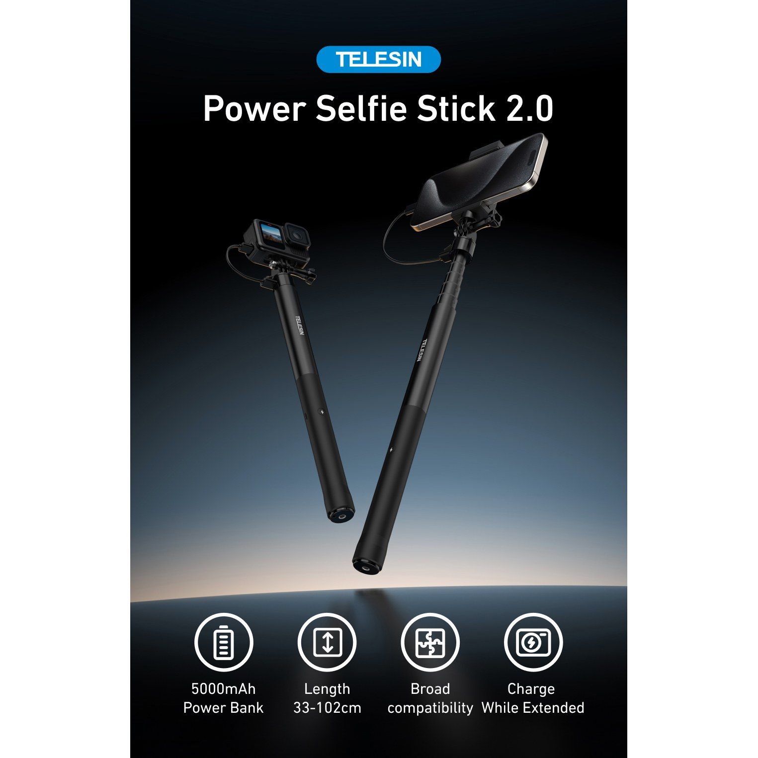 Telesin Power Selfie Stick 2.0 mit Action-Cam und Smartphone auf schwarzem Hintergrund mit Icons für Features unten.