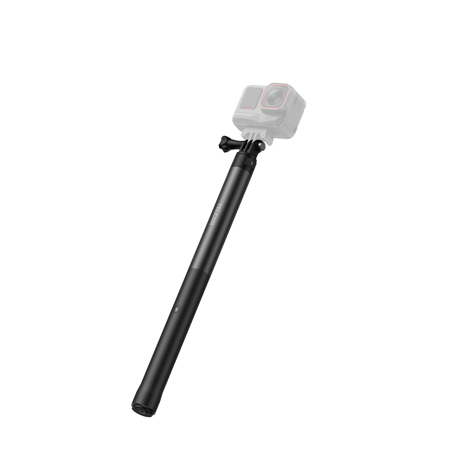 Ein schwarzer Telesin-Selfiestick mit montierter Action-Kamera vor weißem Hintergrund.