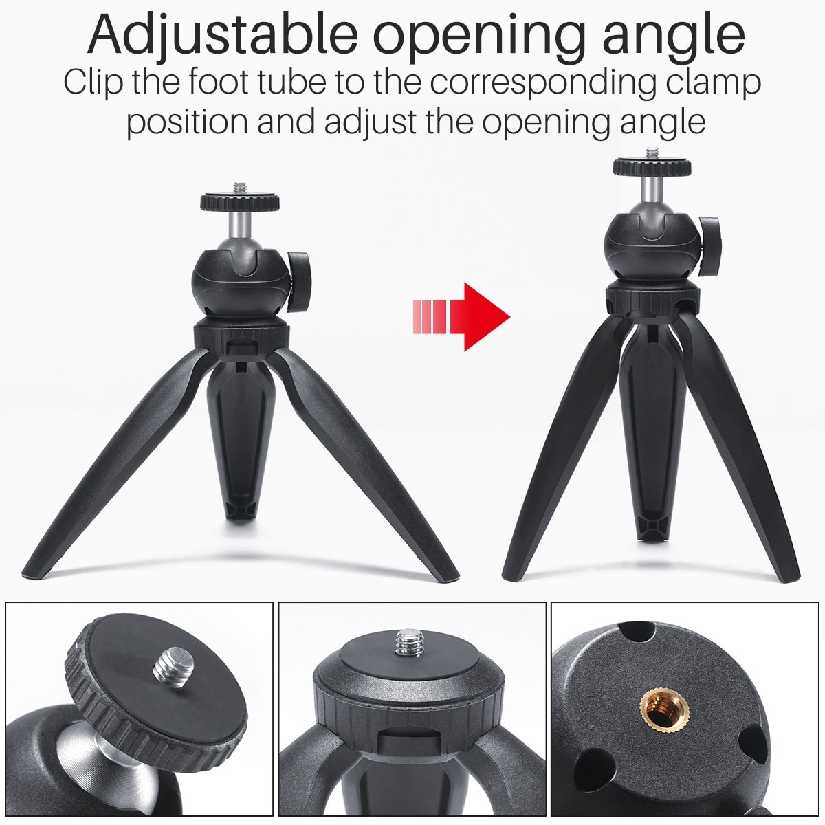 Diagram showing the adjustment of the opening angle of a small tripod.