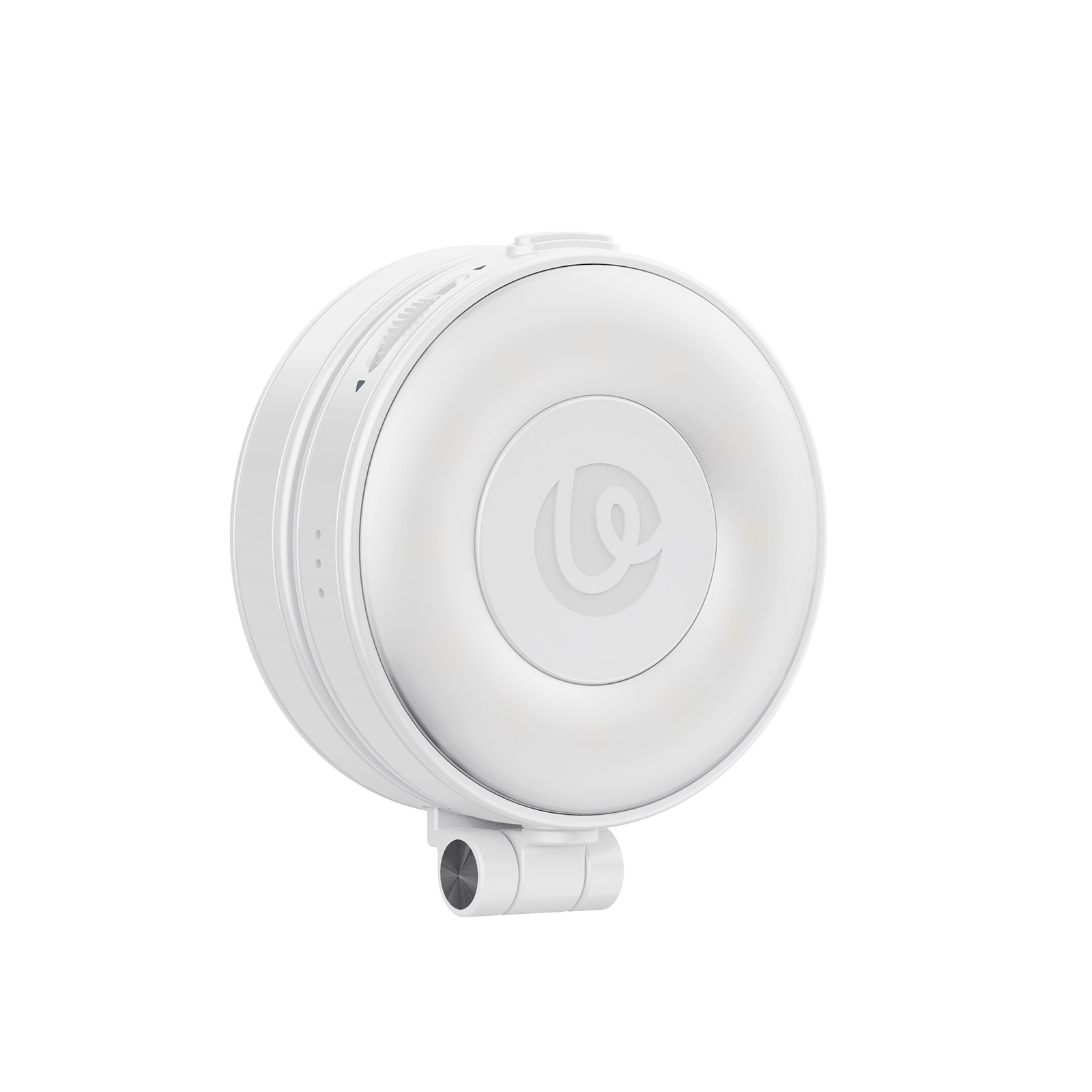 A white, round gadget with a center logo and a small clip at the bottom, set against a white background.