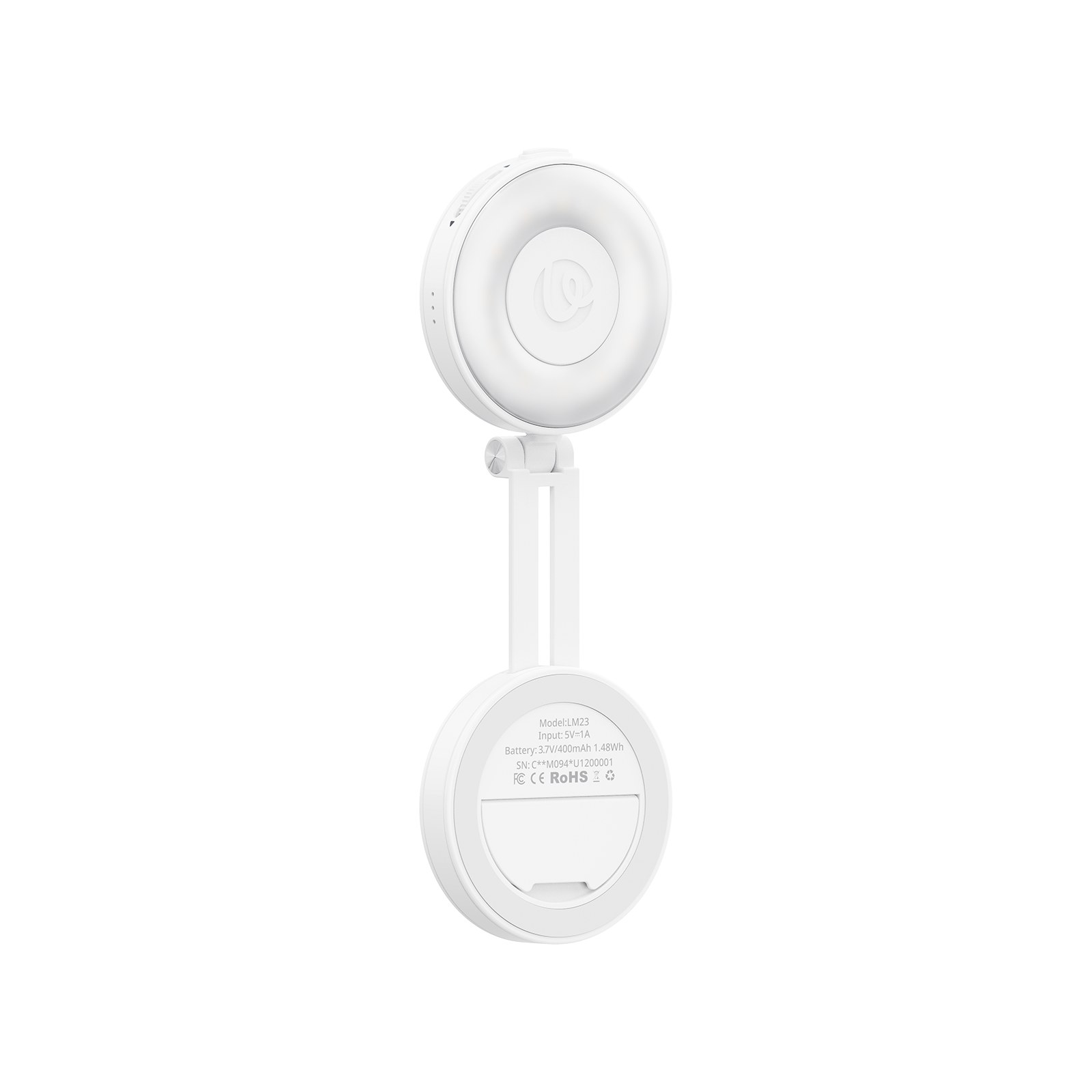 A white portable LED ring light with a folding arm and technical specifications on the bottom, set against a white background.