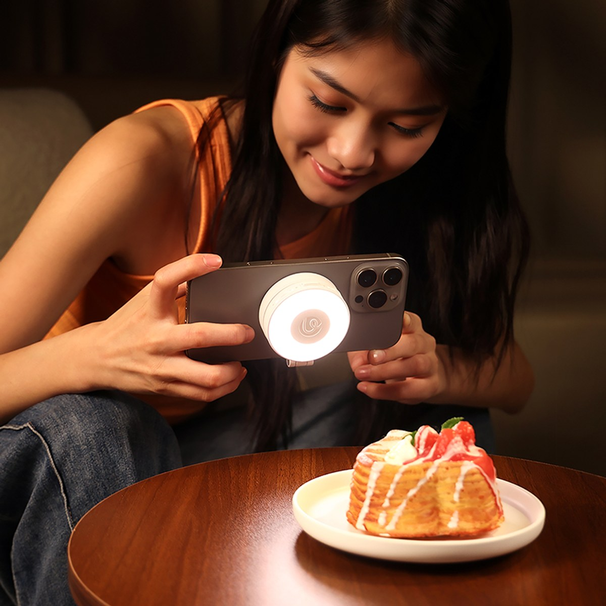 A woman uses a smartphone with a small ring light to take a photo of a cake decorated with cream and strawberries.