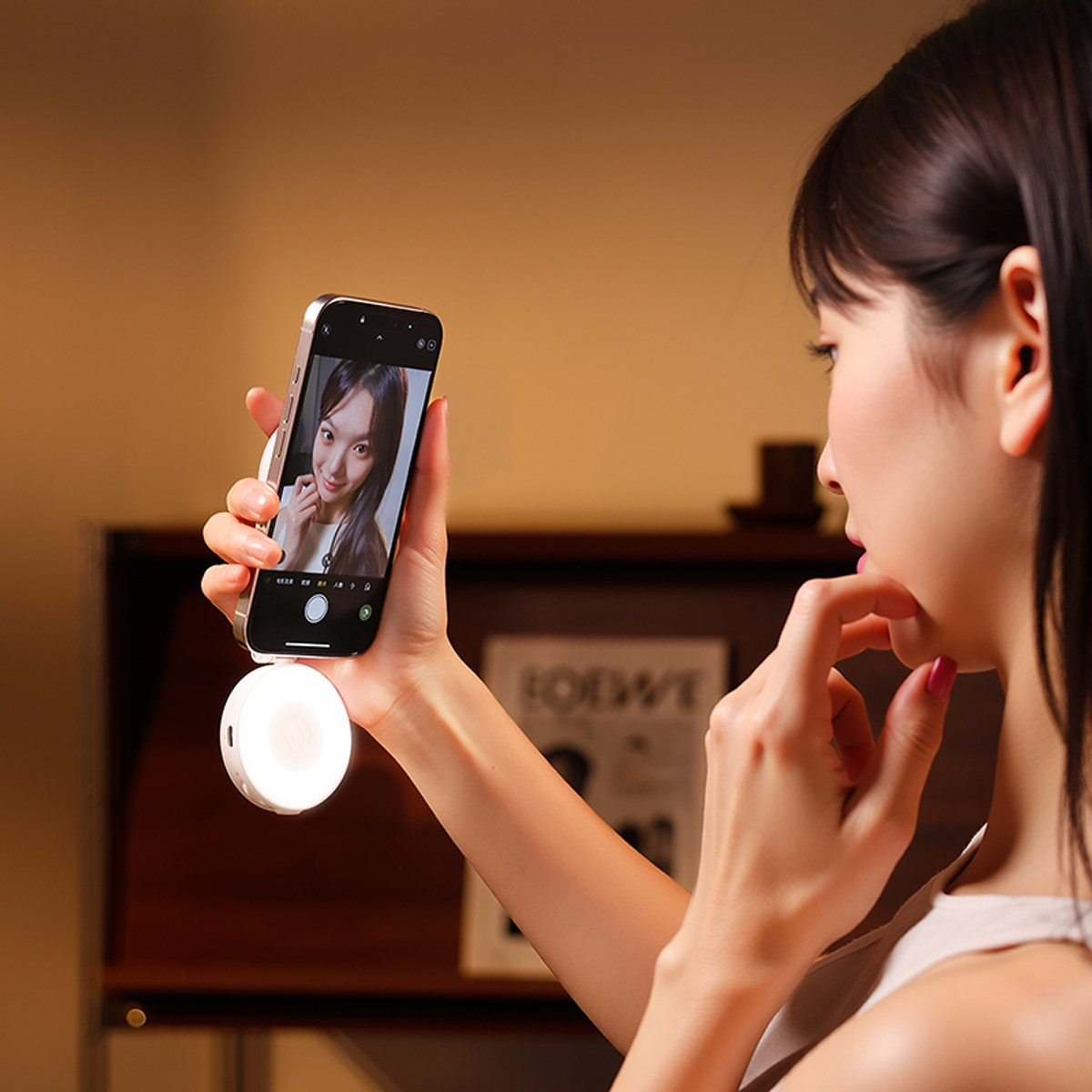 A woman holds her smartphone up, using a small, glowing circular ring light attached to the bottom for a selfie.