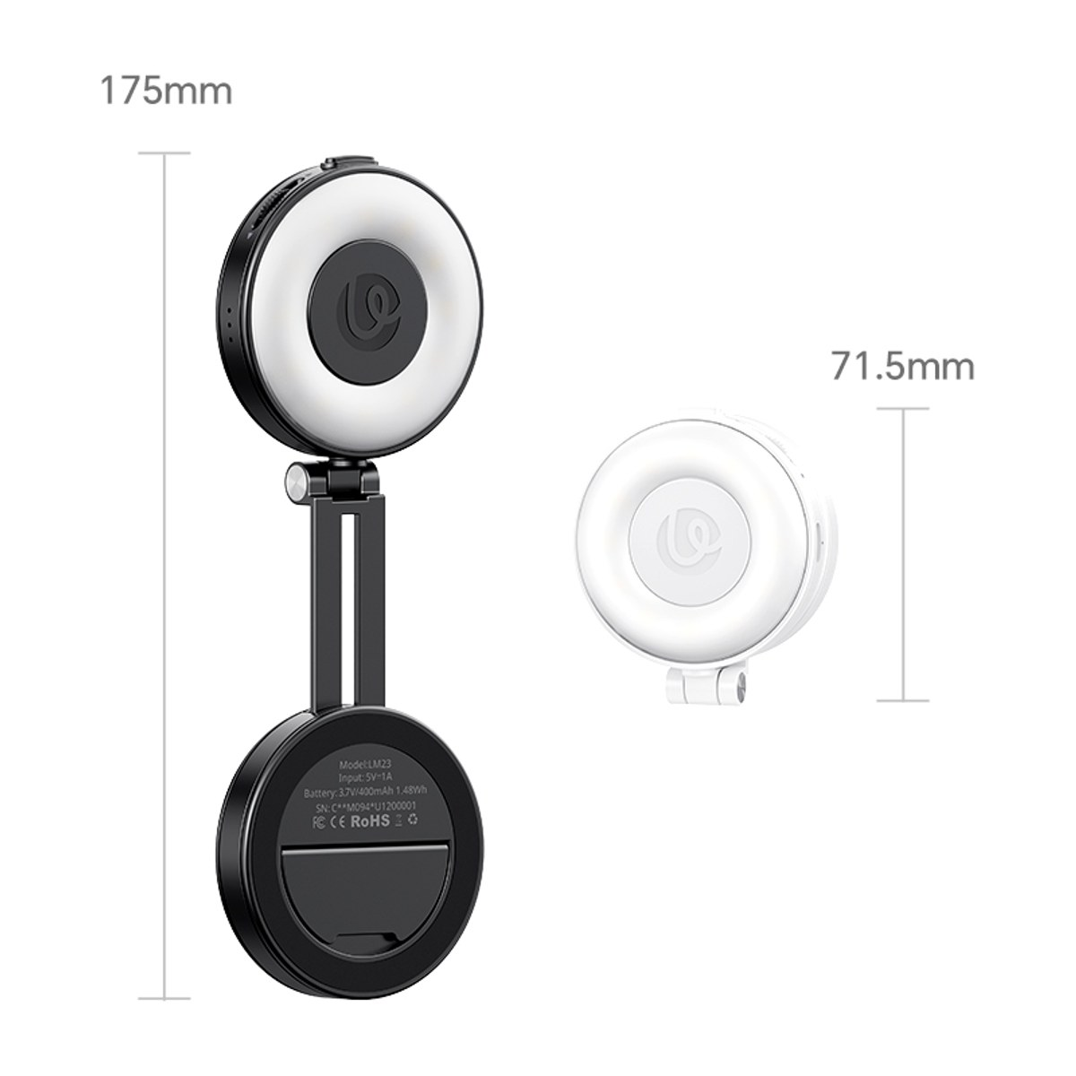 Technical drawing with dimensions for a compact, foldable ring light lamp in black and white.
