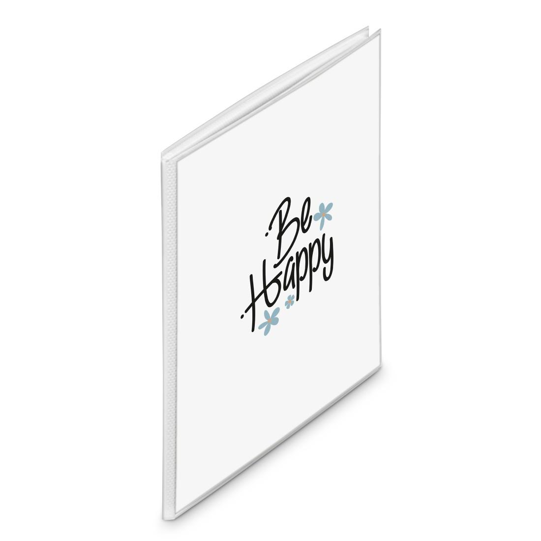 Ein weißer Ringordner mit der Aufschrift Be Happy und hellblauen Blumenillustrationen.