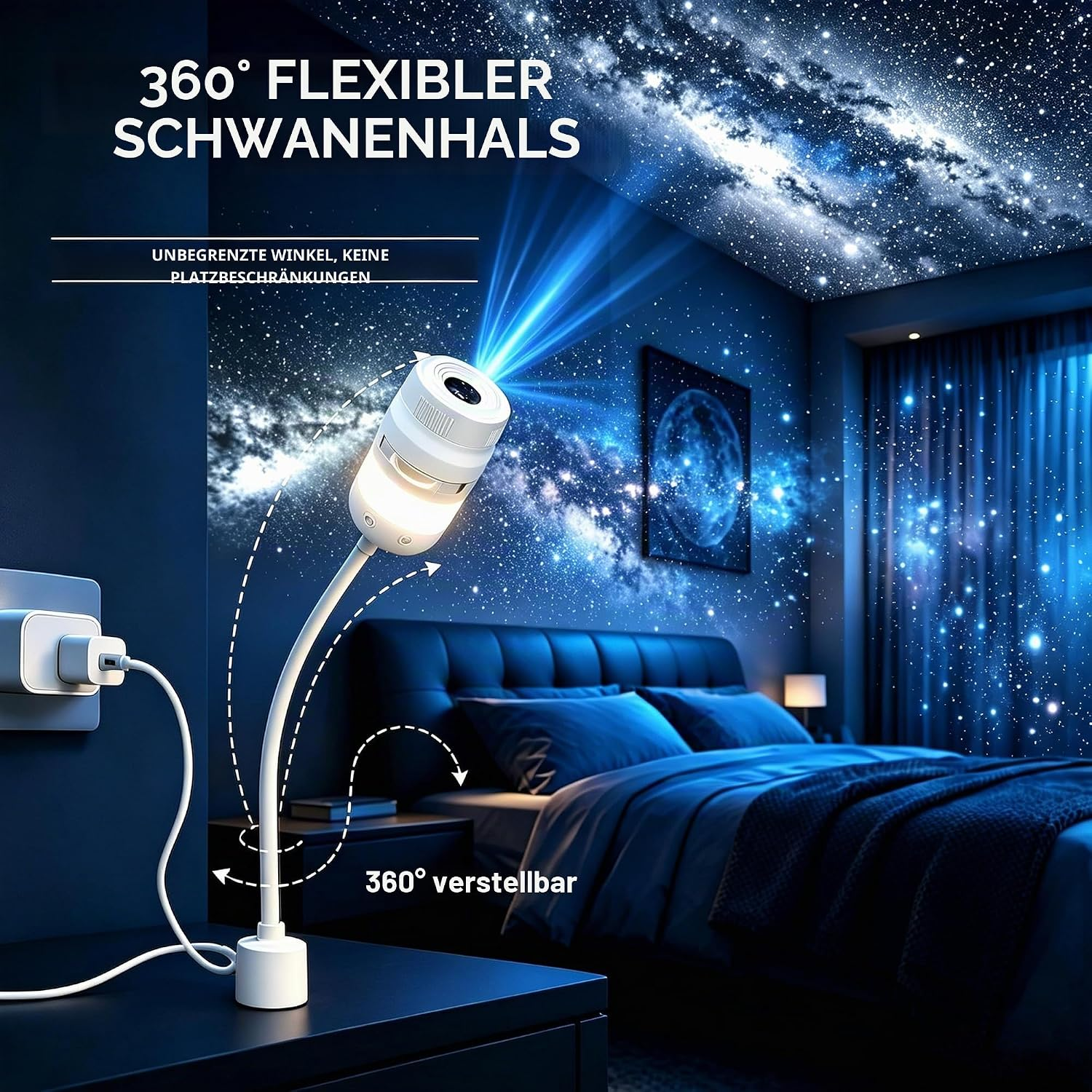 Ein flexibler weißer Galaxie-Projektor auf einem Nachttisch projiziert einen blauen Sternenhimmel an die Wand.