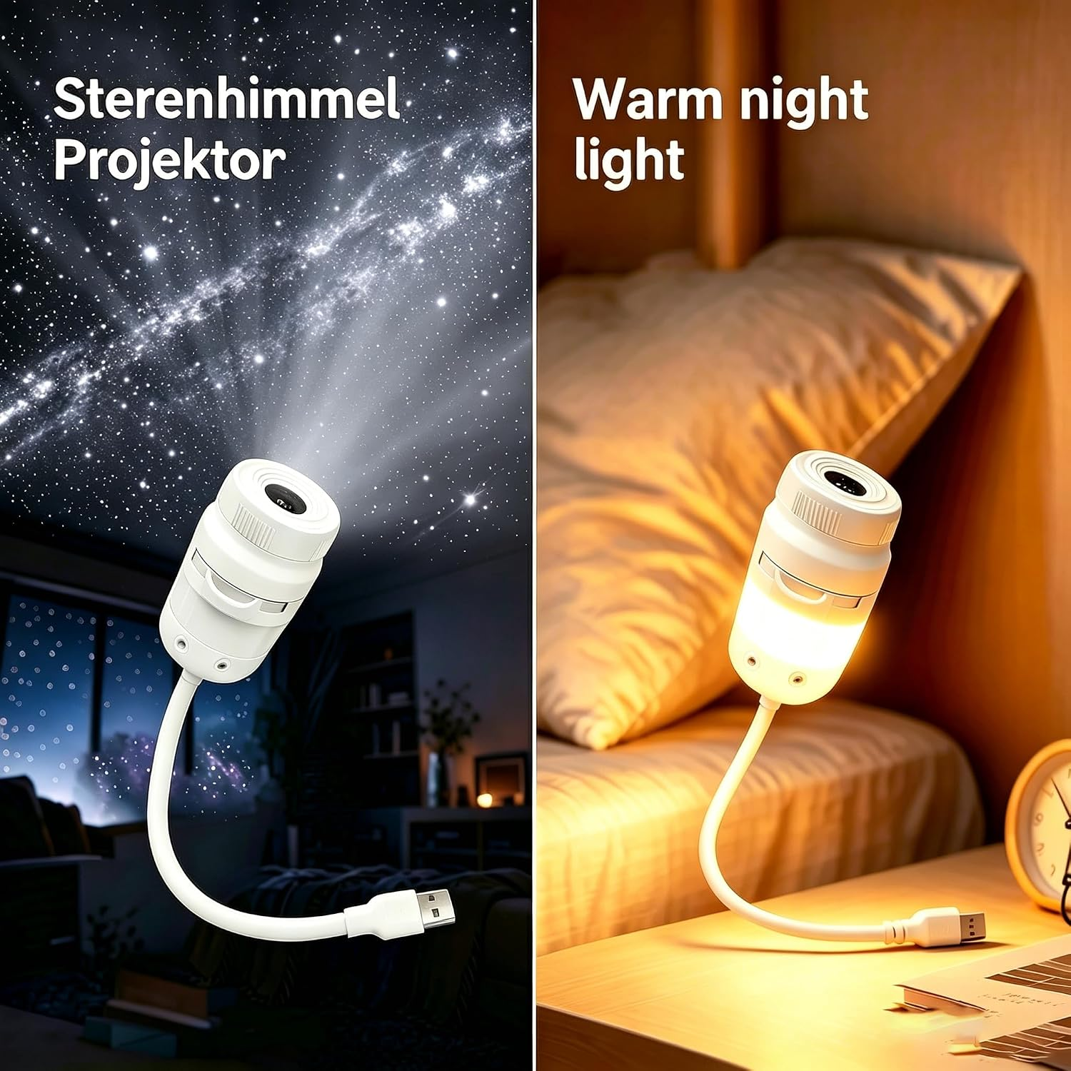 Ein weißer, flexibler USB-Projektor zeigt links den Sternenhimmel und leuchtet rechts warm als Nachtlicht.