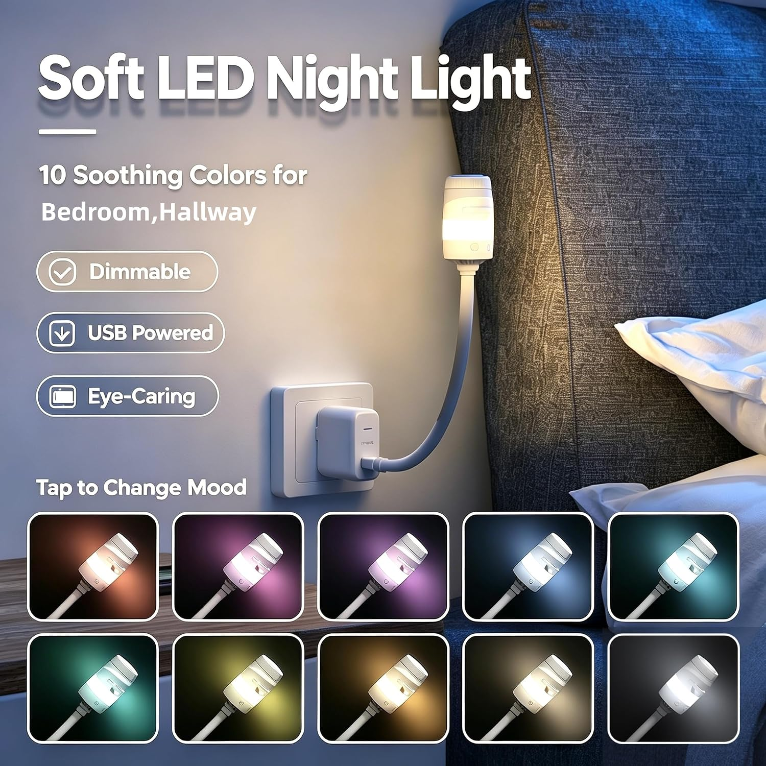 Eine flexible LED-Nachtlampe eingesteckt in eine Steckdose neben einem Bett, darunter zehn verschiedene Farbmodi.