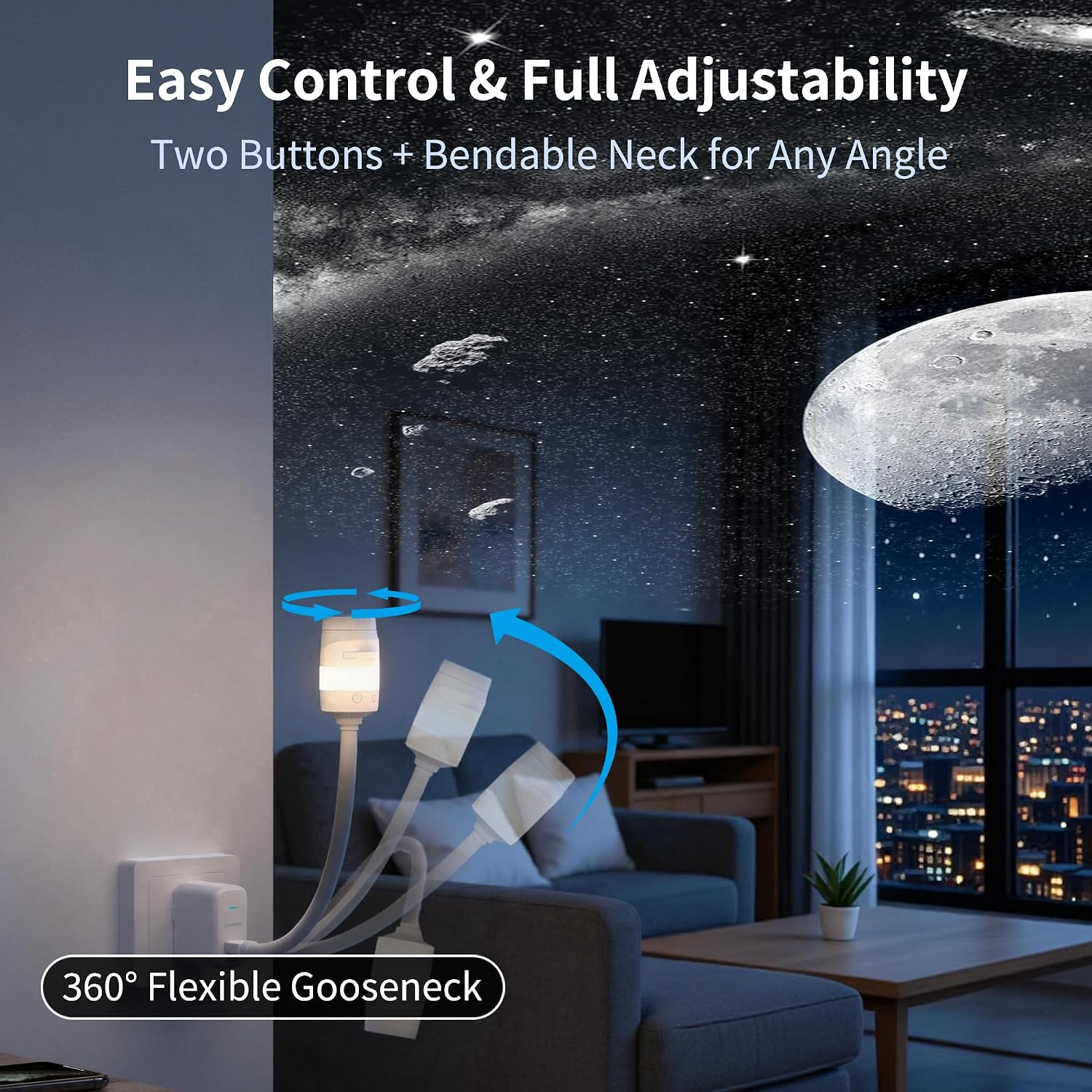 Eine flexible Nachtlichtlampe an der Wand projiziert einen Sternenhimmel in ein Wohnzimmer.