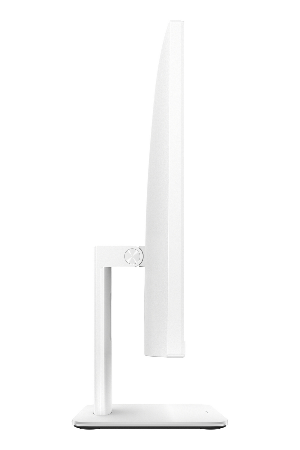 Vista laterale di un monitor per computer bianco su supporto con sfondo bianco.