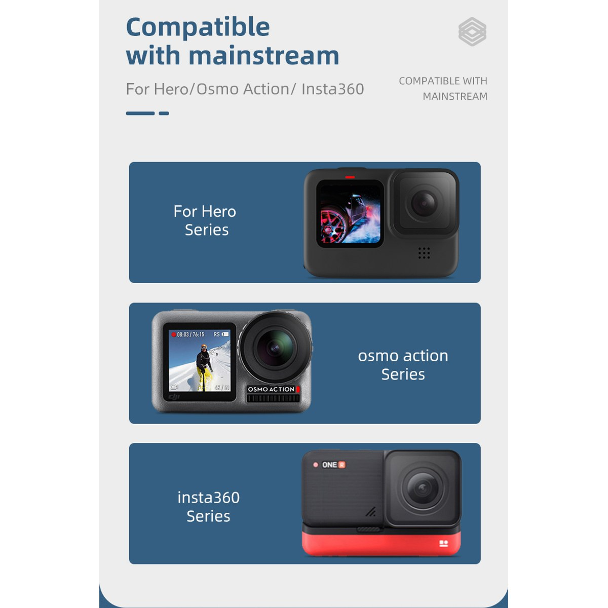 Productadvertentie toont compatibiliteit met Hero, Osmo Action en Insta360 camera's.