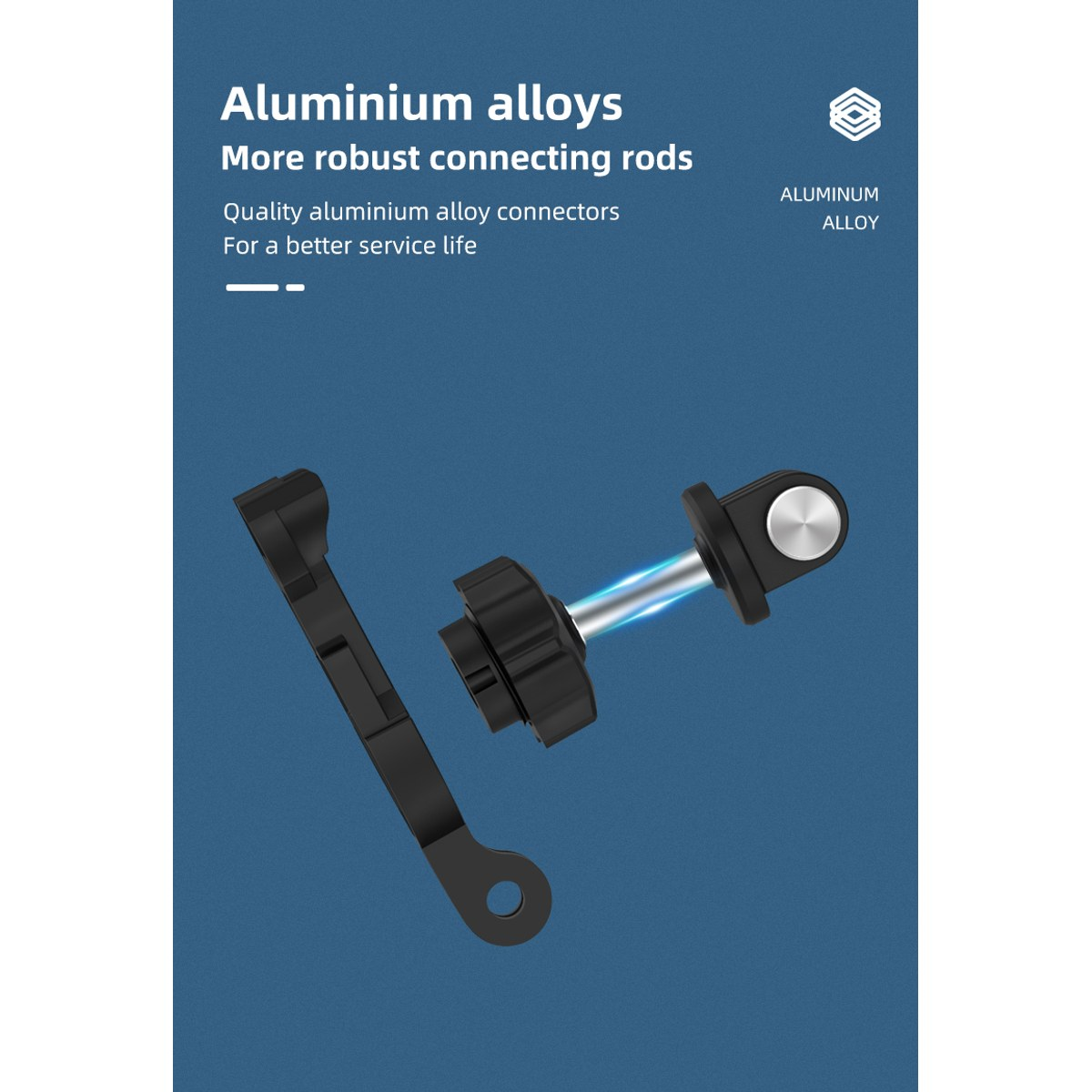 Aluminiumlegering connectoren en schroef op blauwe achtergrond met tekst over robuuste drijfstangen.