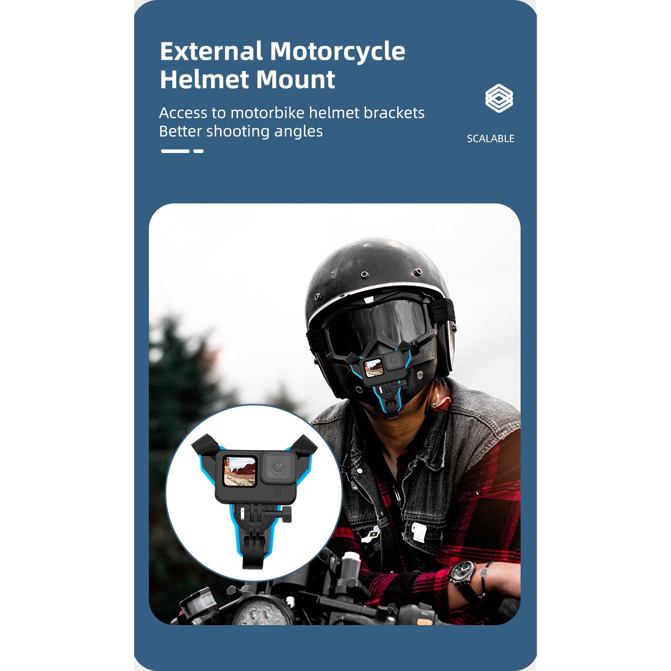Productadvertentie voor externe motorhelmsteun met actiecamera.