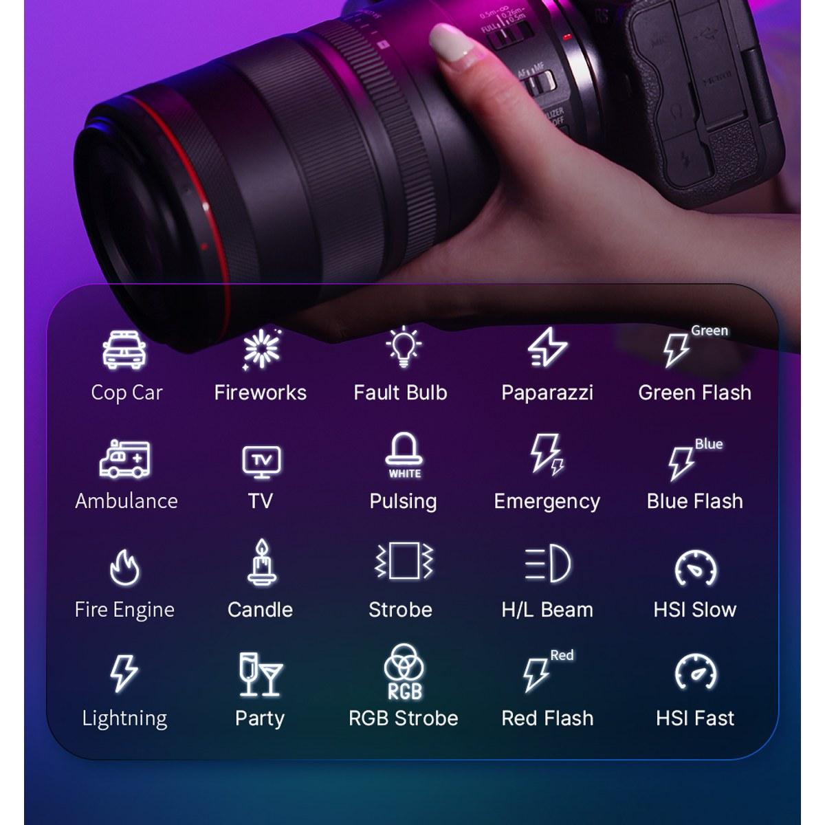 Un panel de control de cámara con varios iconos y etiquetas de efectos de iluminación sobre fondo morado.