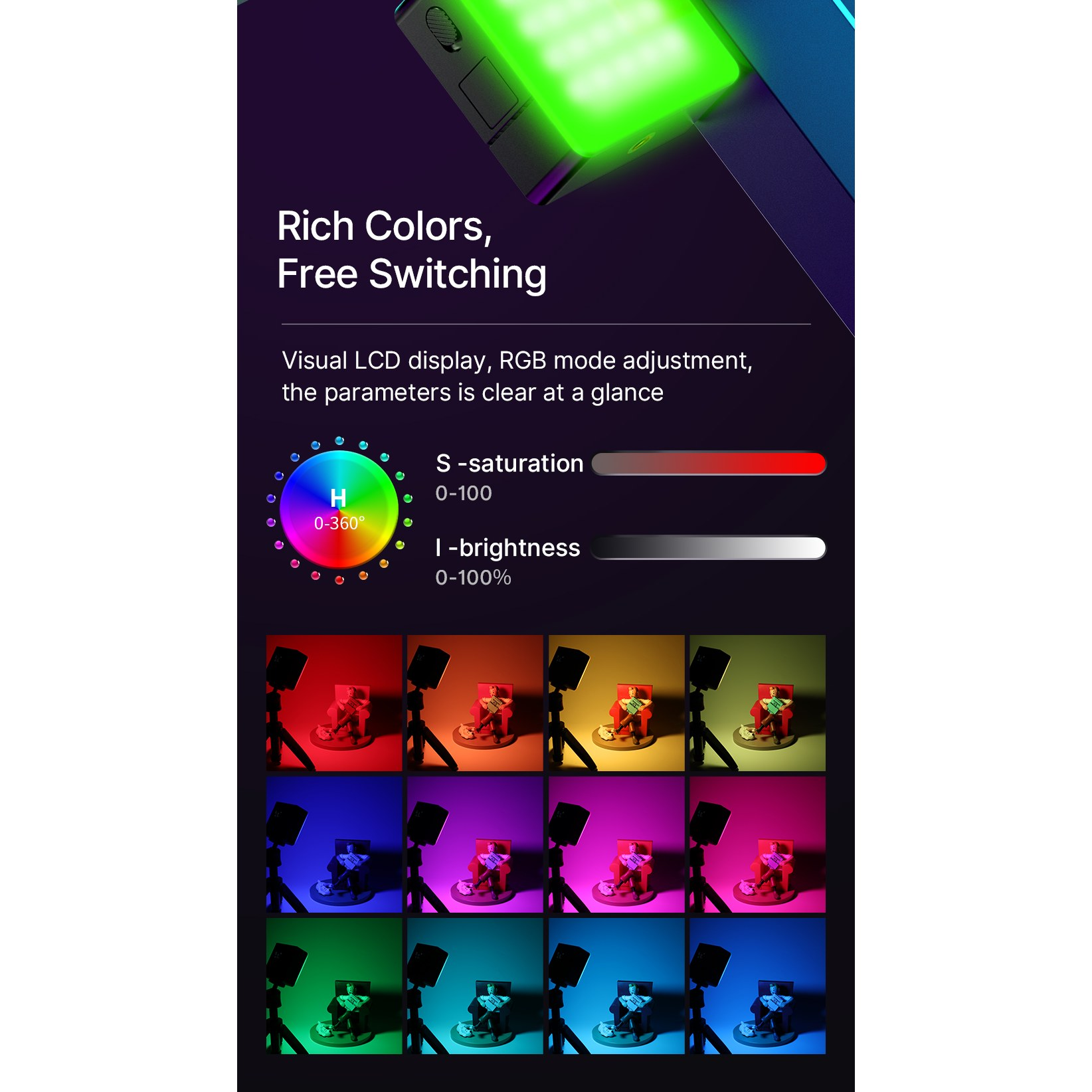 Panel LED RGB con pantalla LCD y una paleta de colores con doce ejemplos diferentes sobre un fondo negro.