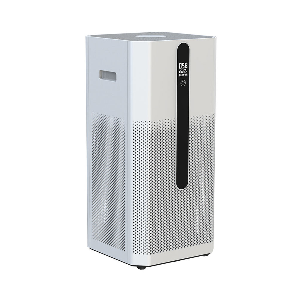 Un purificatore d'aria verticale bianco con griglie perforate e un pannello display LED nero sul davanti.
