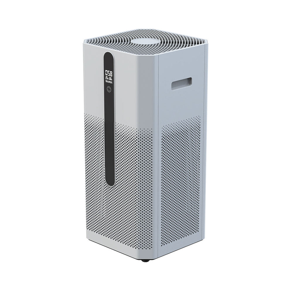Un purificatore d'aria esagonale bianco con display digitale e griglia su sfondo bianco.