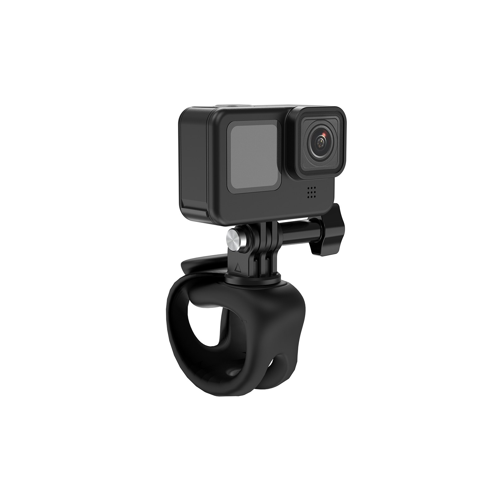 Een zwarte actioncam gemonteerd op een flexibele stuurklem tegen een witte achtergrond.