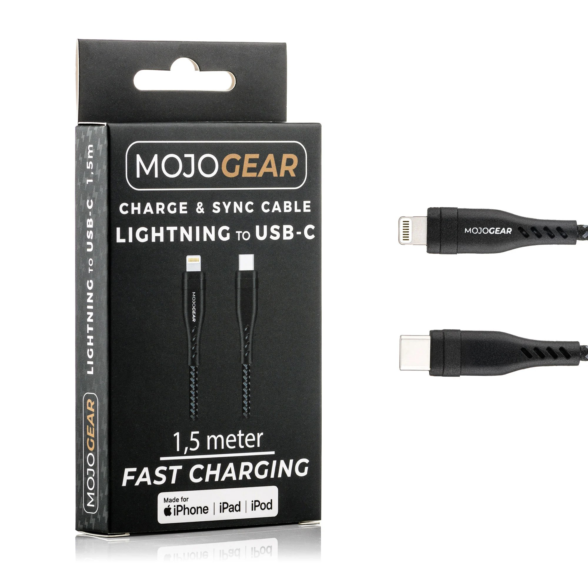 Câble de charge MojoGear 1,5m Lightning vers USB-C dans un emballage noir avec connecteurs.