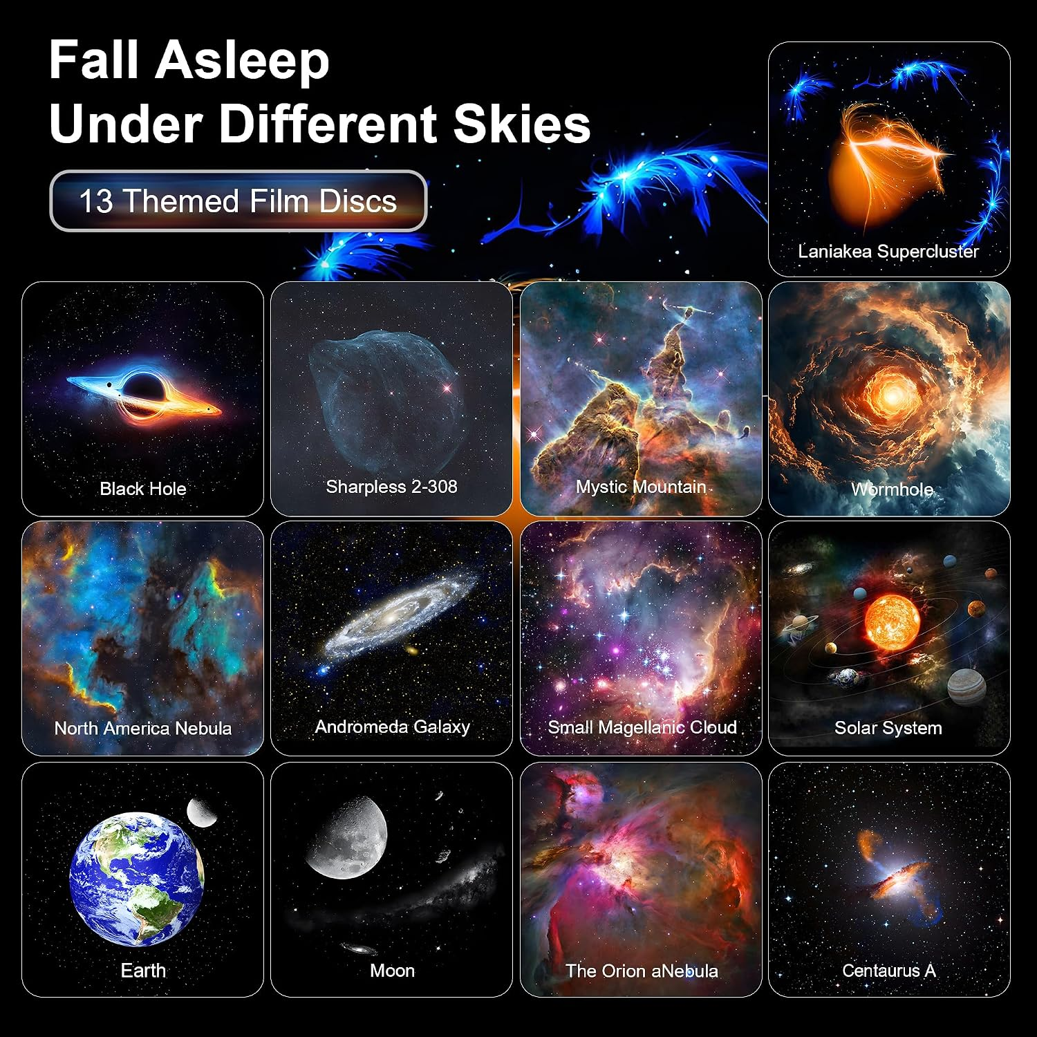 Produktwerbung mit 13 thematischen Filmdiscs, die verschiedene astronomische Objekte wie Galaxien und Nebel zeigen.