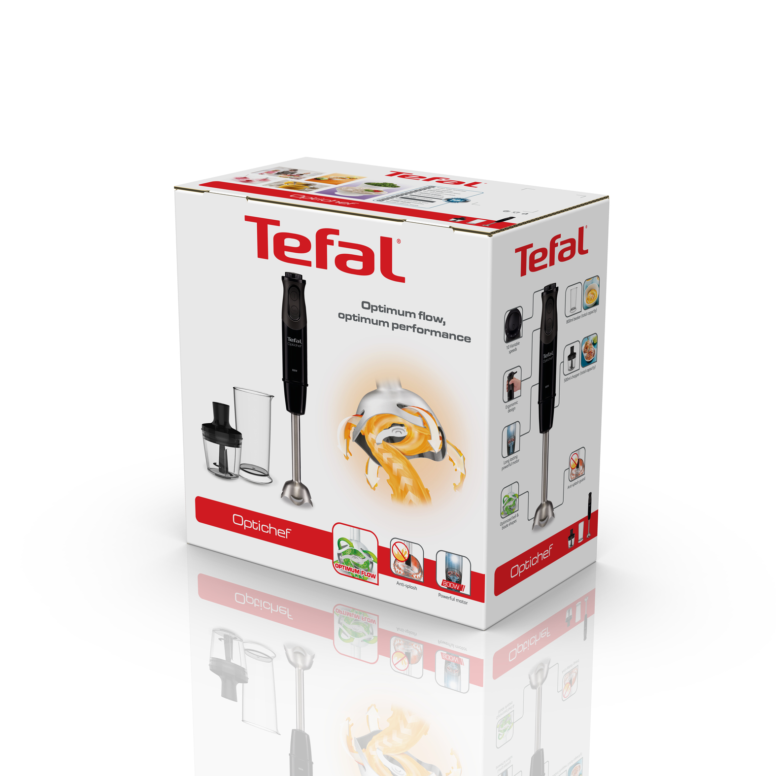Opudkko blendera ręcznego Tefal Optichef ze zdjęciami czarnego blendera, kubka i rozdrabniacza na białym tle.