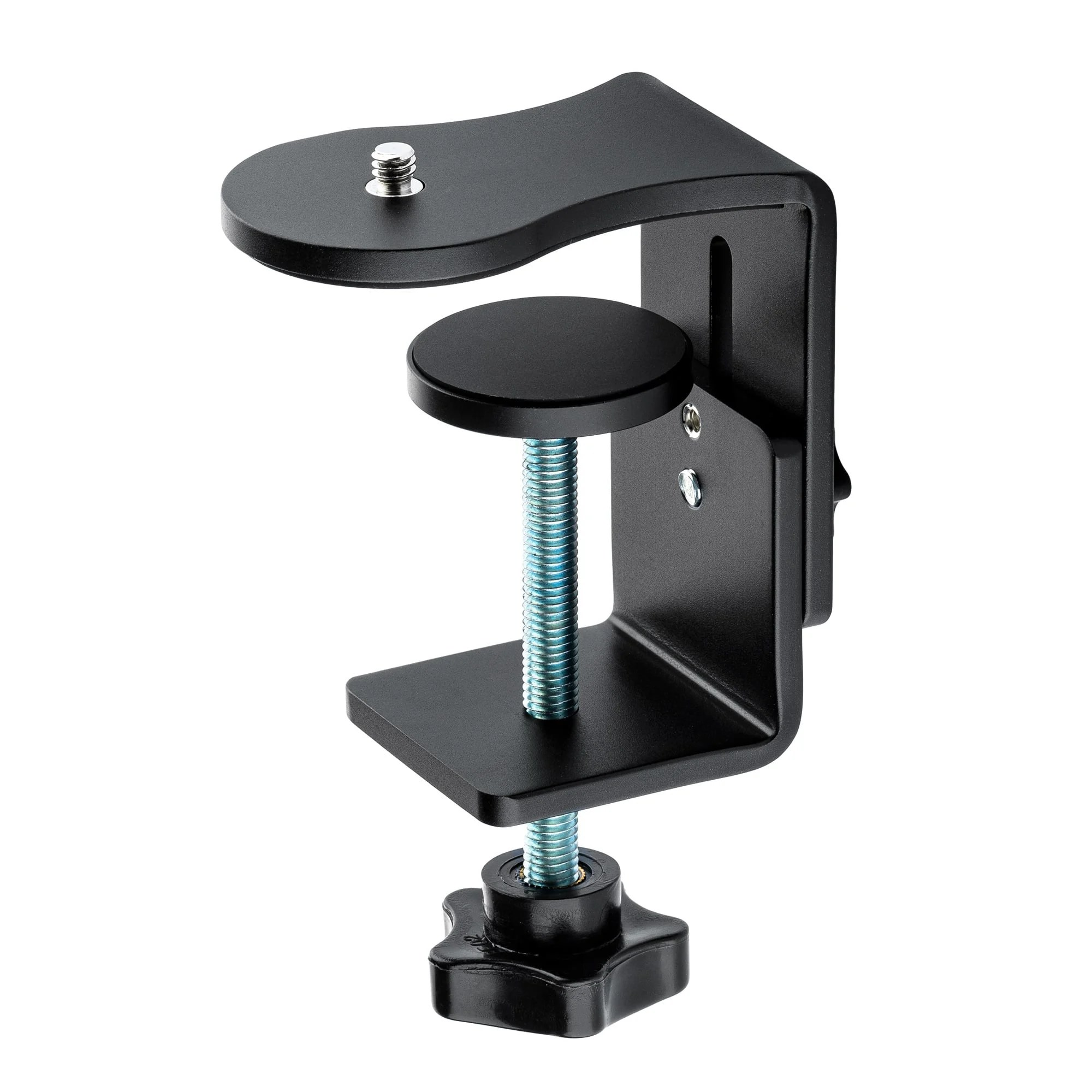A black metal C-clamp desk mount with an adjustable screw mechanism and a mounting screw on top, isolated on white.