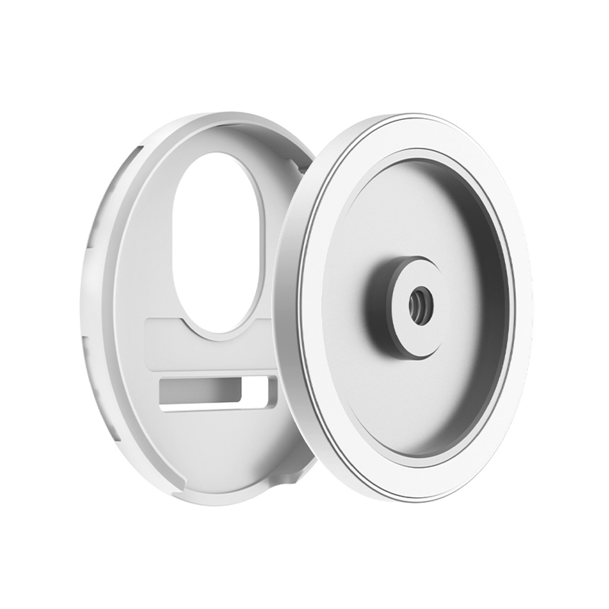 Twee witte, ronde plastic onderdelen tegen een witte achtergrond.