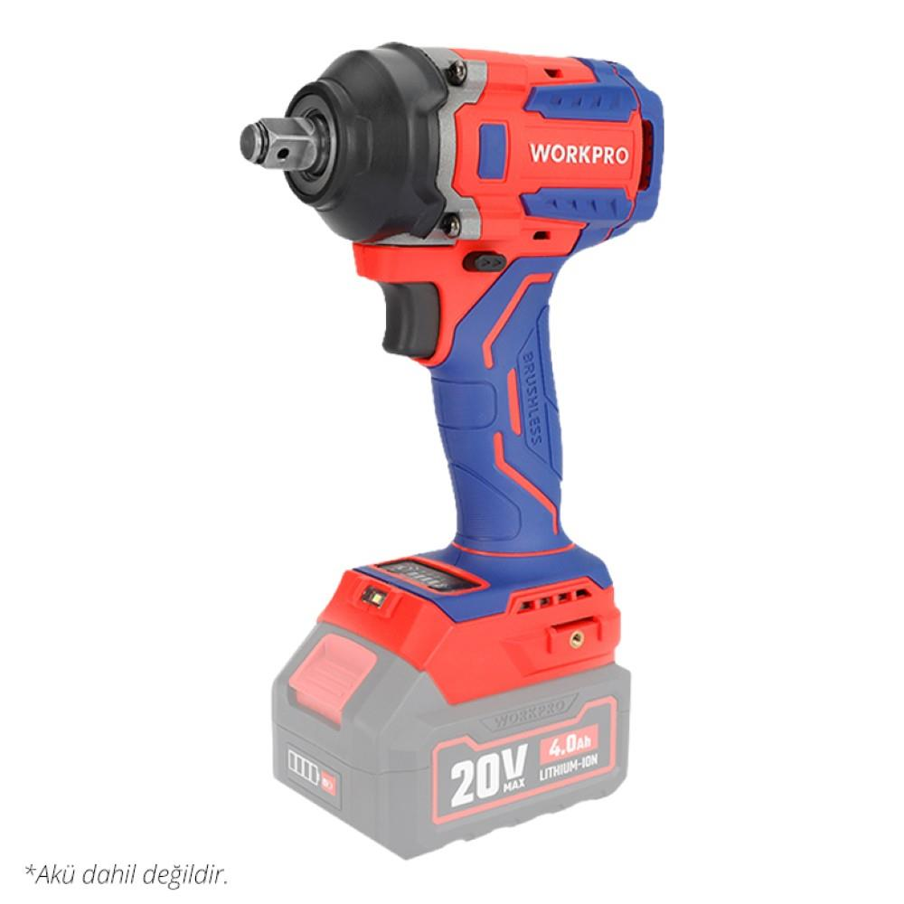 Beyaz arka planda 20V bataryalı kırmızı ve mavi renkli WORKPRO akülü darbe aleti.