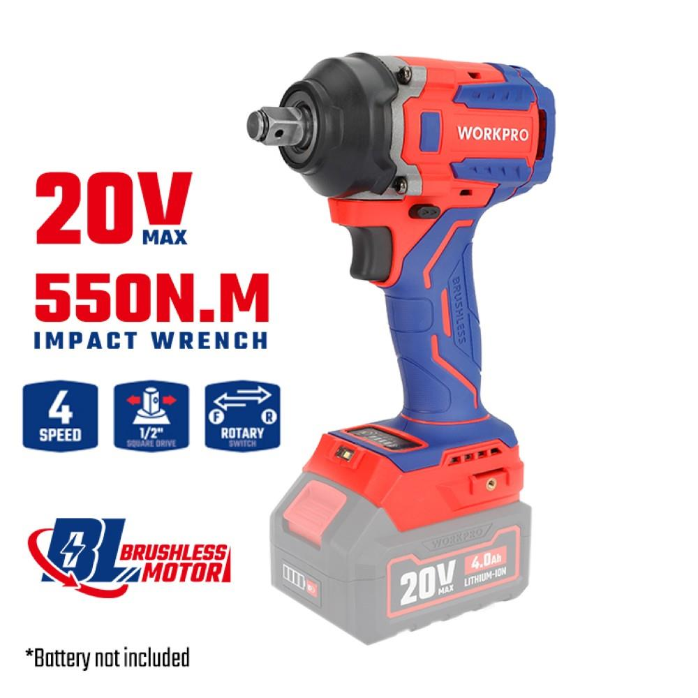 550N.m tork, 4 hız ve 1/2 inç kare sürücülü kırmızı ve mavi Workpro 20V darbeli somun sıkma.