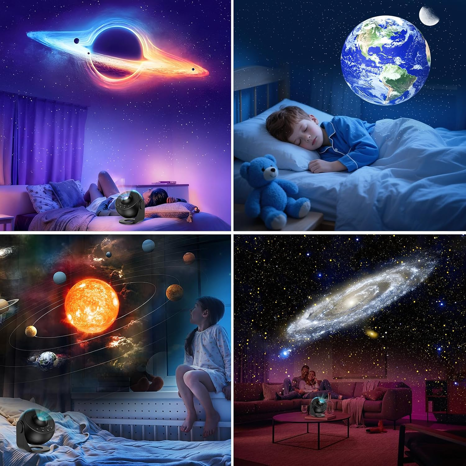 Ein Galaxy-Projektor wirft Planeten und Sterne an Zimmerwände und Decken.