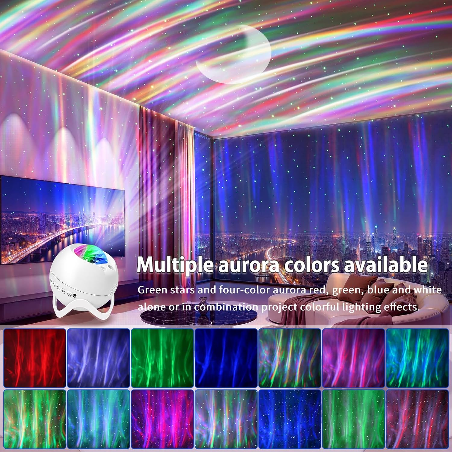 Ein weißer Kugelprojektor projiziert bunte Polarlichter und grüne Sterne an Zimmerwände und Decke.