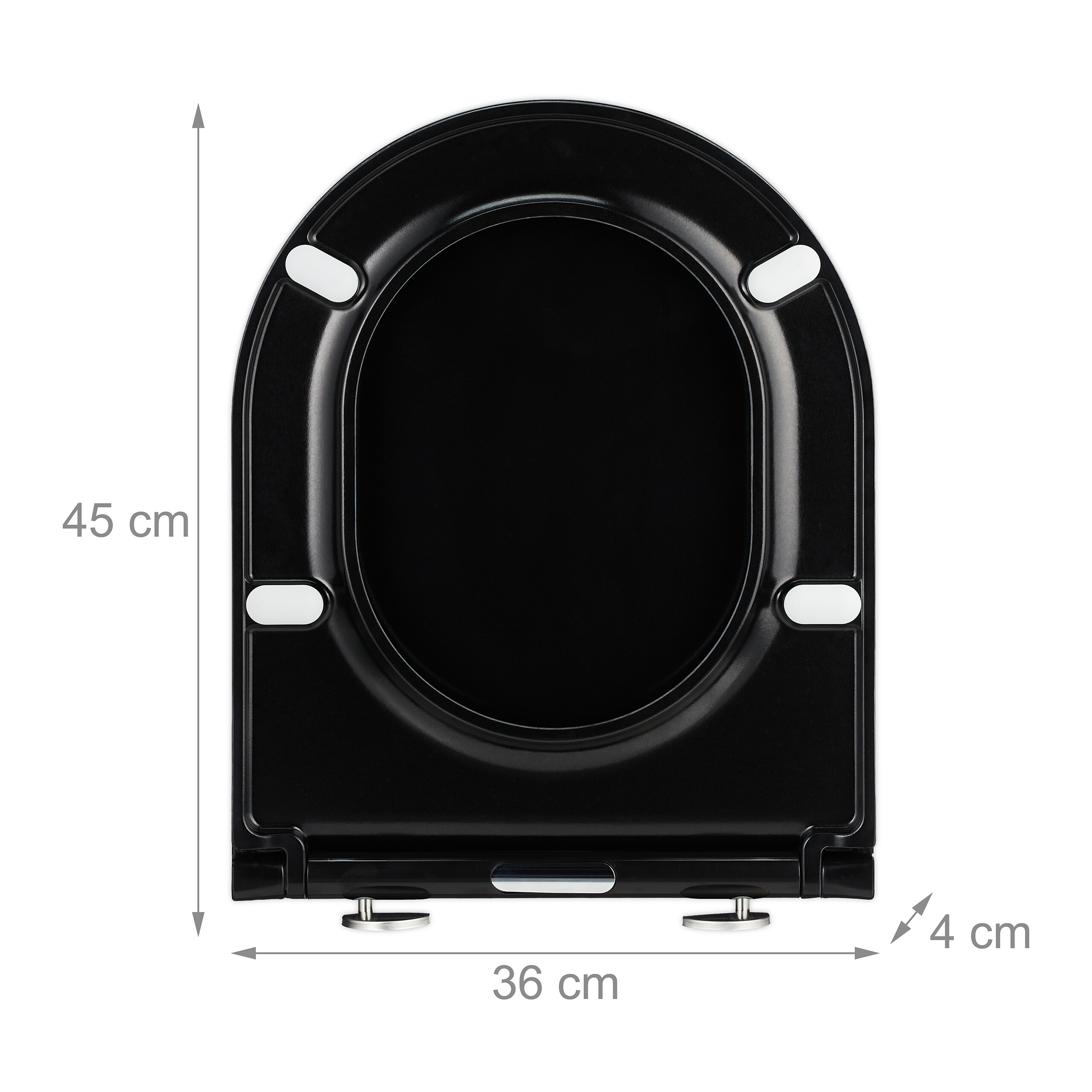 Schwarzer Toilettensitz mit Bemaßung von 45x36x4 cm auf weißem Hintergrund.