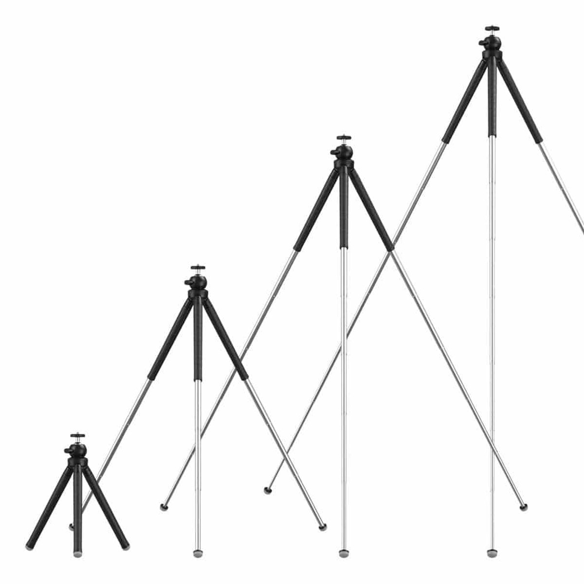Four black and silver camera tripods of increasing height shown against a white background.