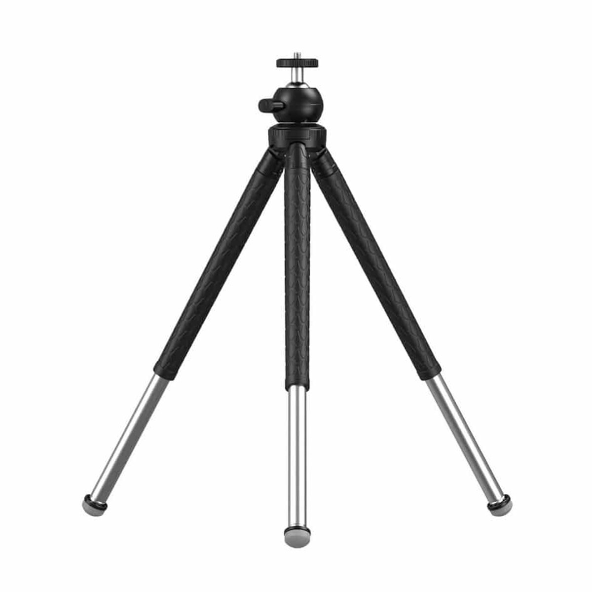 A small black and silver tripod with three extendable legs and a ball head, isolated on a white background.