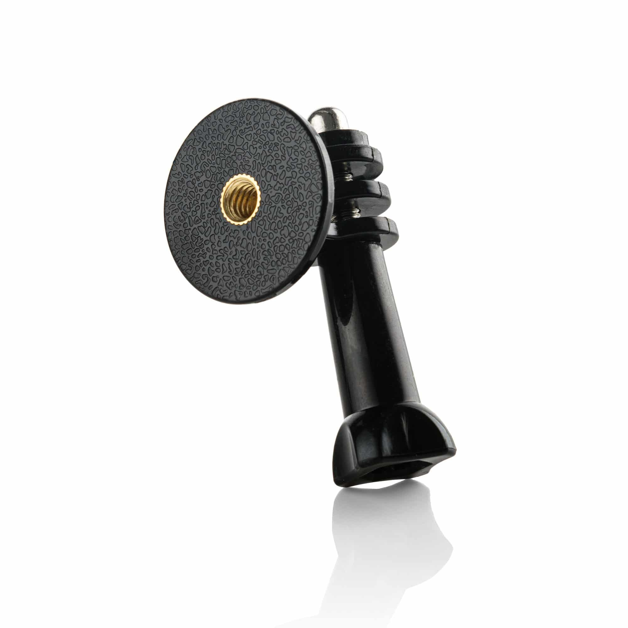 A black camera mount with a round, textured base and brass thread against a white background.