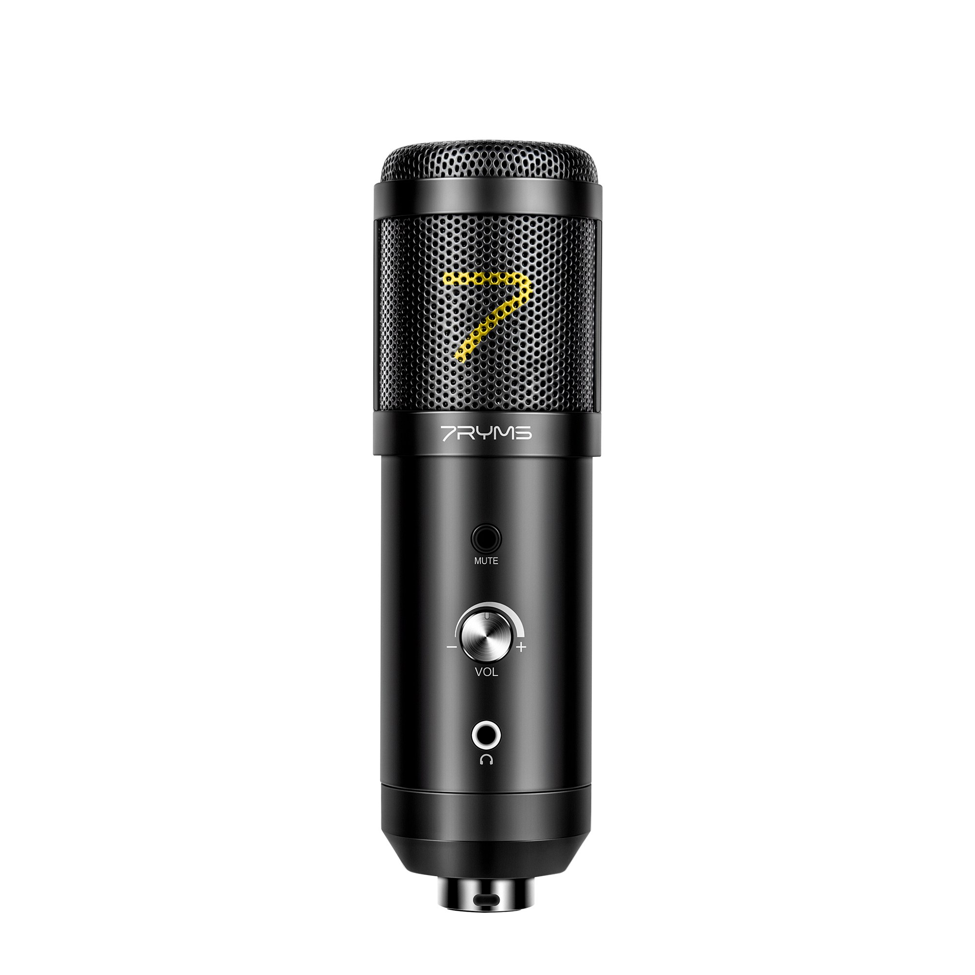 A black condenser microphone with a mesh grille, a volume knob, a mute button, and a headphone jack on a white background.