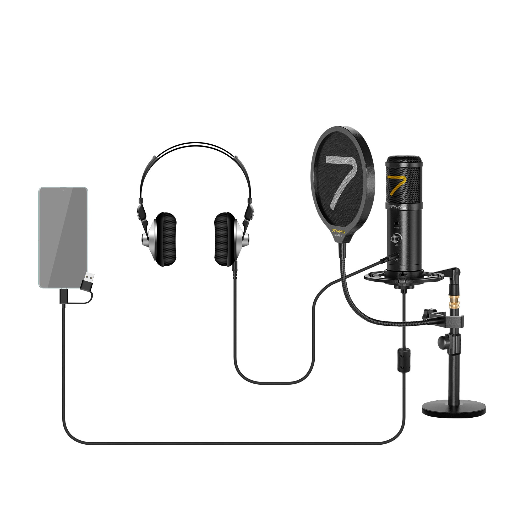 Smartphone, headphones, and a studio microphone with pop filter on a stand, all connected with cables.