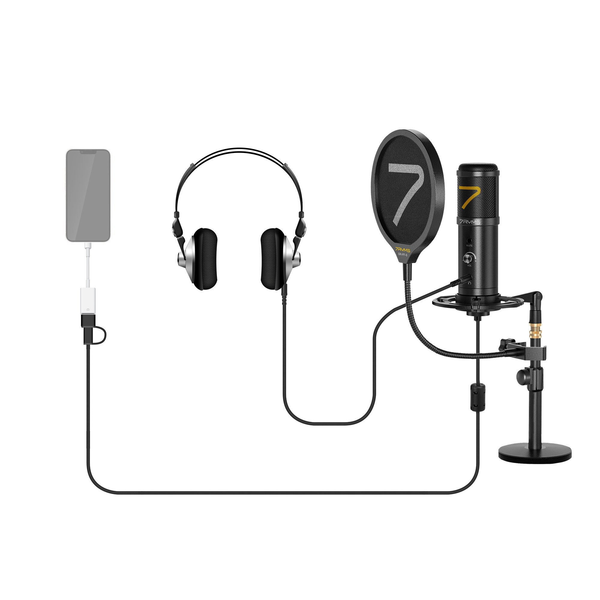 A smartphone, headphones, and a studio microphone with a pop filter are connected by cables on a white background.