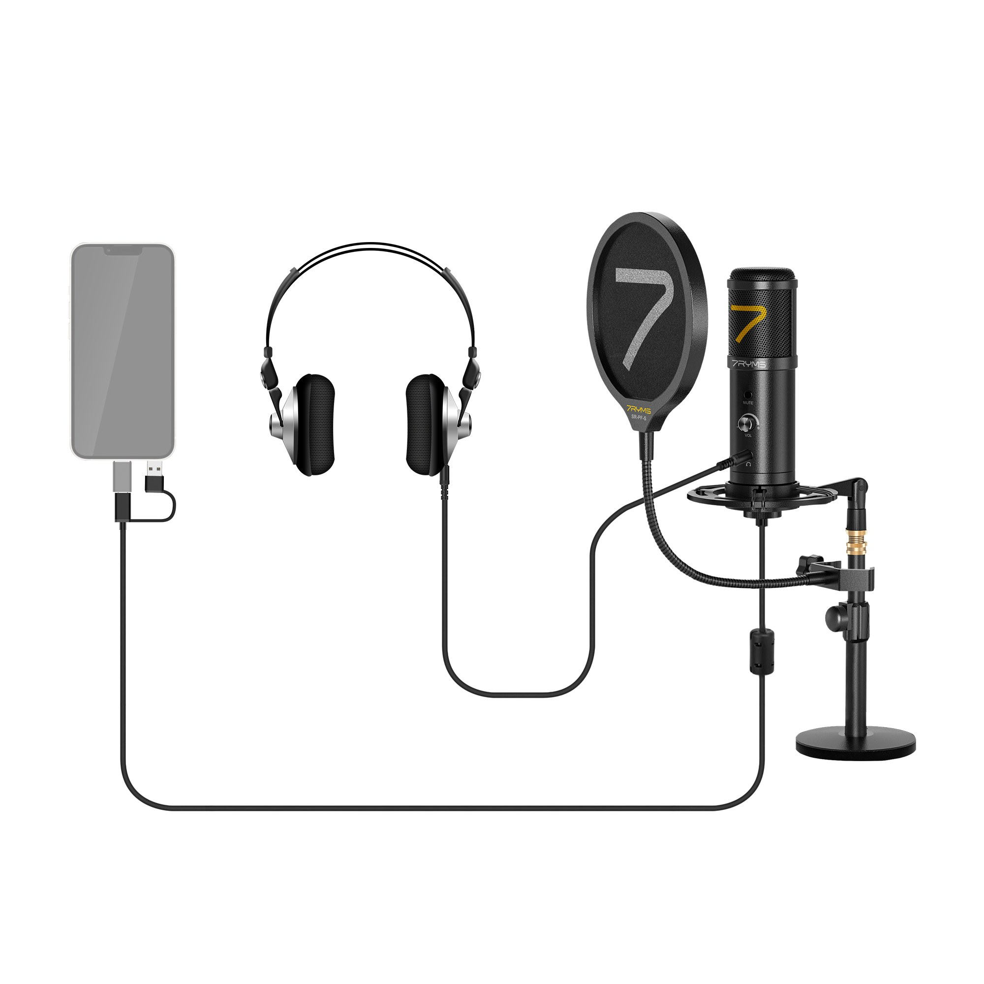Smartphone, headphones, and studio microphone with pop filter connected on a white background.