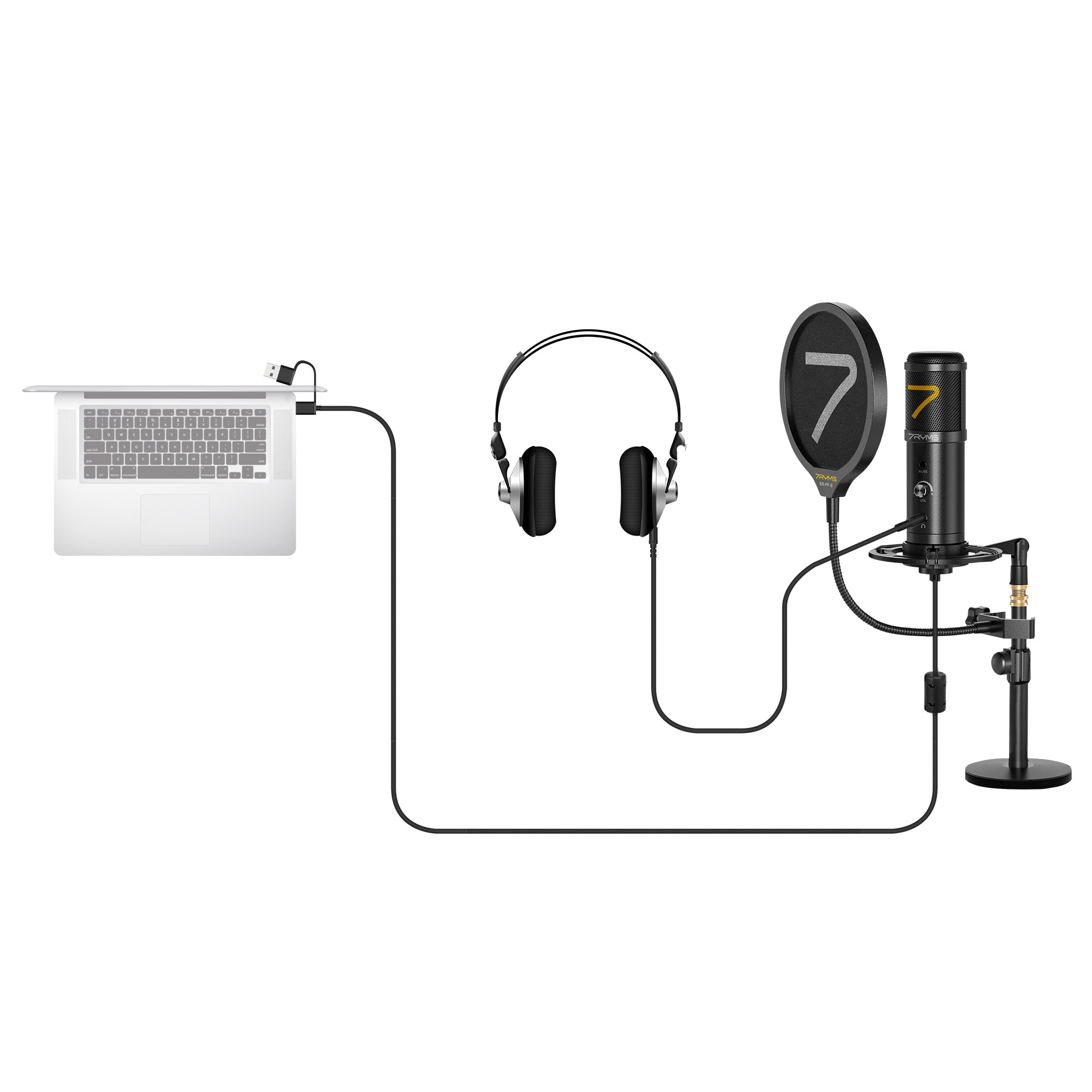 A laptop is connected via cable to headphones and a microphone.