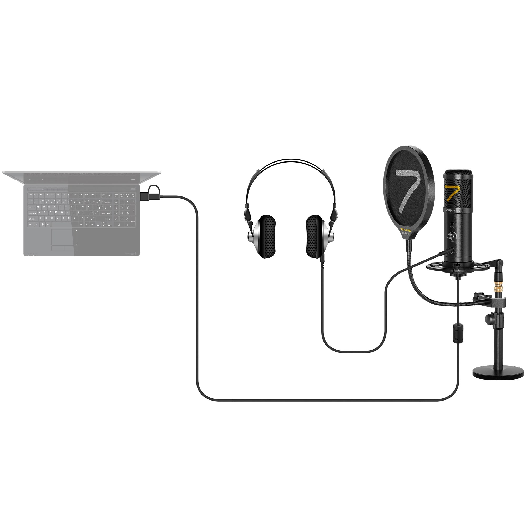 Laptop connected via cable to headphones and a microphone.