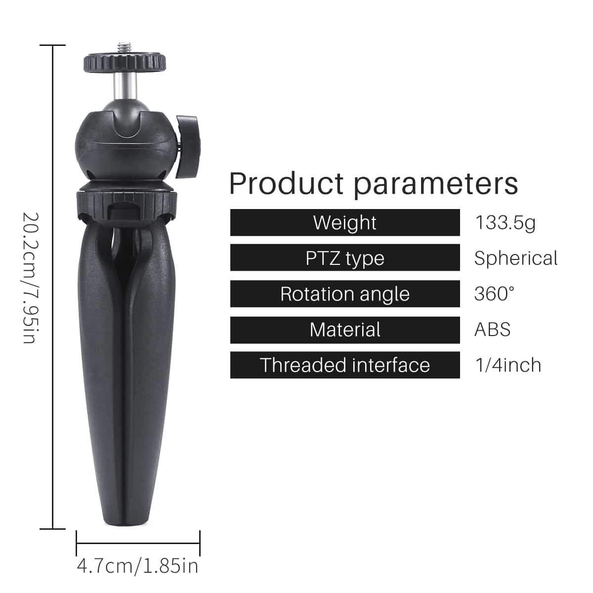 Black mini tripod shown with dimensions and product specifications.