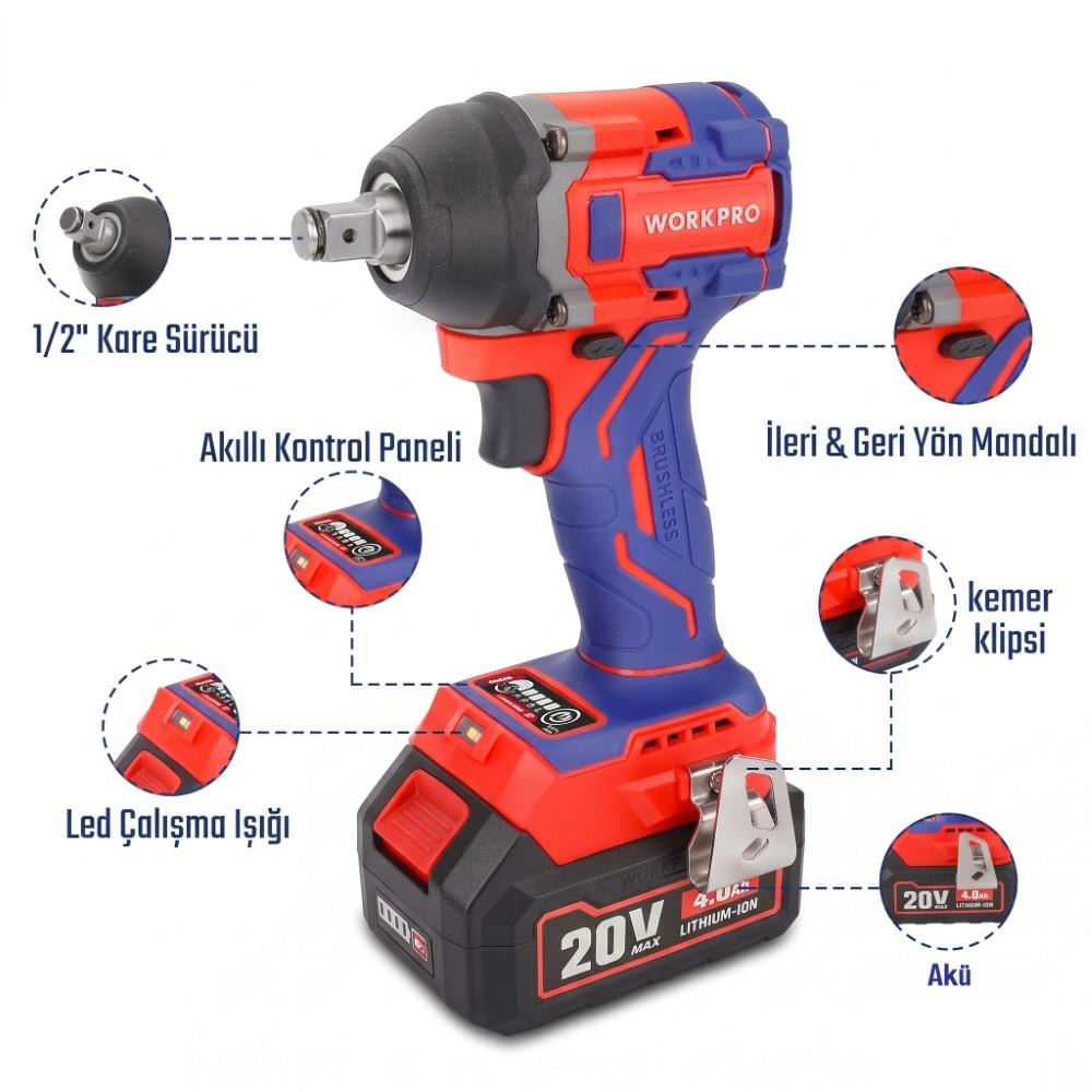 1/2 inç kare sürücülü, LED ışıklı ve özellik etiketli kırmızı ve mavi WORKPRO 20V akülü somun sıkma.