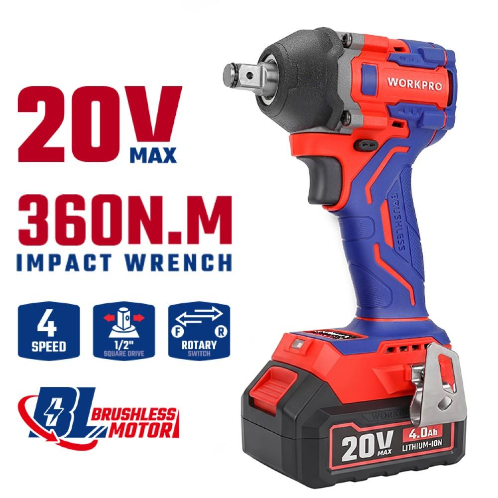 Beyaz arka planda özellik simgeleri ve metin içeren, kırmızı ve mavi 20V Max şarjlı darbeli somun sıkma.