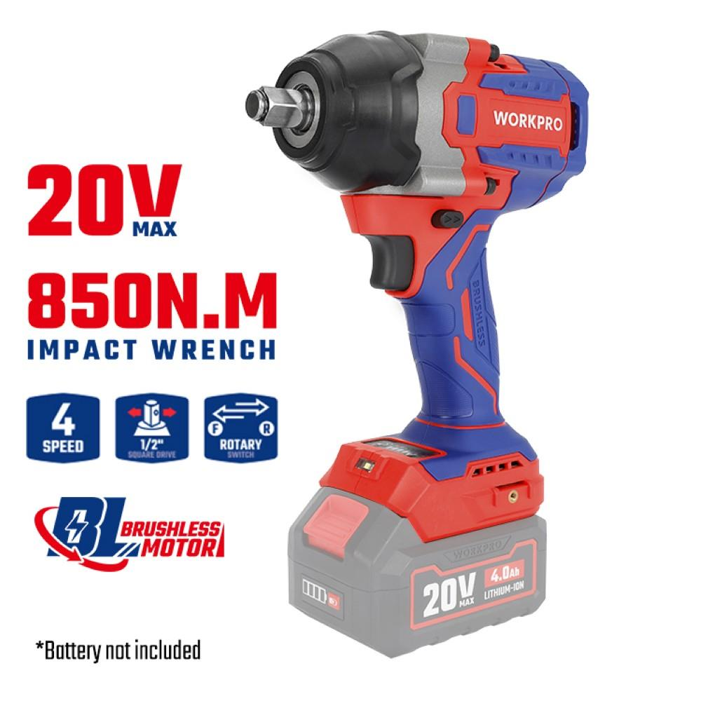 Teknik özelliklerle beyaz arka planda mavi ve kırmızı Workpro 20V Max akülü darbe anahtarı.