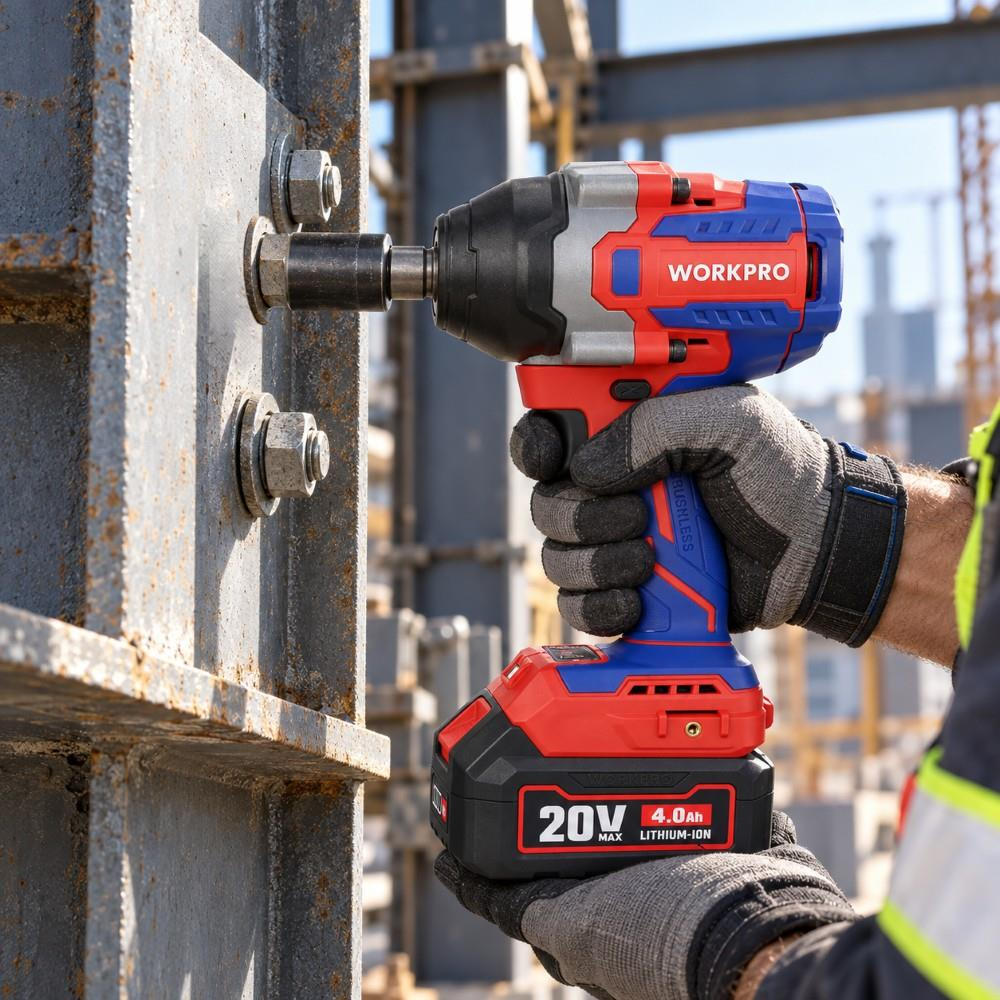 Eldivenli bir işçi, metal bir kiriş üzerinde kırmızı ve mavi Workpro akülü somun sıkma makinesi kullanıyor.